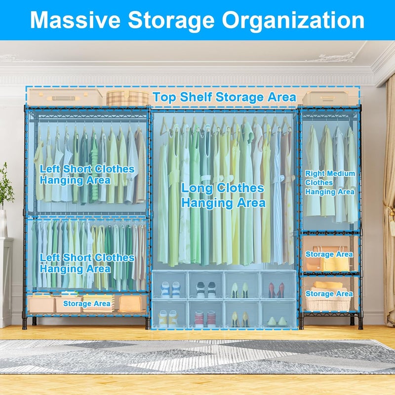 Ulif E10 Clothes Rack（With Stretchable Hanger Rod）Freestanding Clothing Racks for Hanging Clothes，Adjustable Closet Organizer System，Portable Garment Rack 73-97"W x 15" D x 72" H，Max Load 800LBS，Black - Image 4